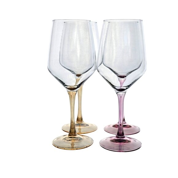 None Other - 4 Handblown Ombre Wine Glasses 9" square bowl angular bowl gold pink tinted stem